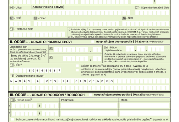 Formulár na poukázanie 2 % pre Nadáciu Veolia Slovensko